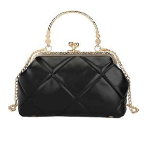 Black Quilted Leather Kiss Lock Small Bag Chain 20s 1920s Gatsby Retro Vintage